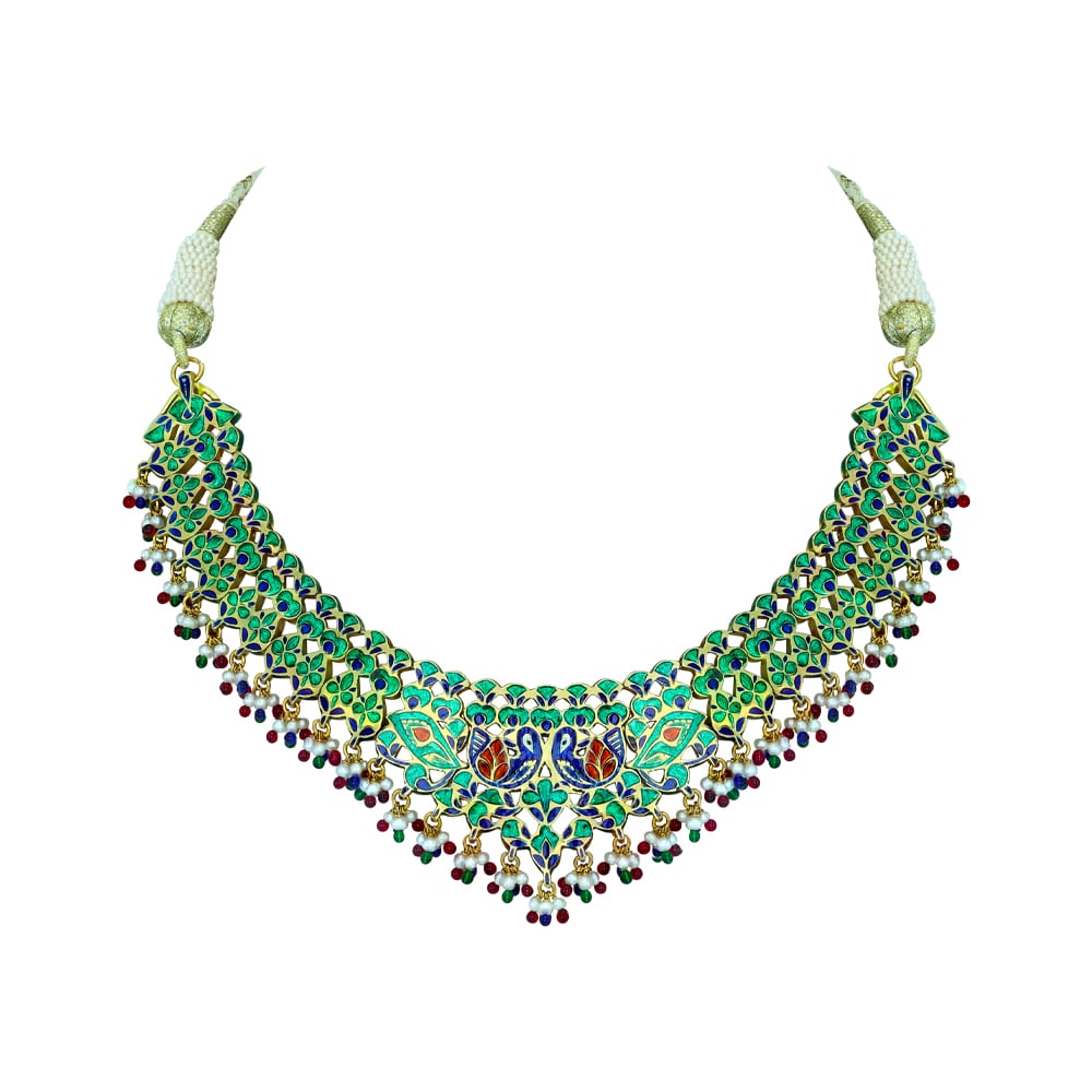 Polki Necklace with Peacock Enamel and Multicolour Beads